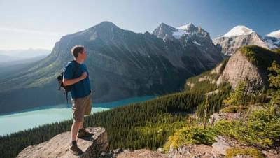 Hiker standing atop the Canadian Rockies, gazing at vast mountains and a turquoise lake near Blackstone Mountain Lodge