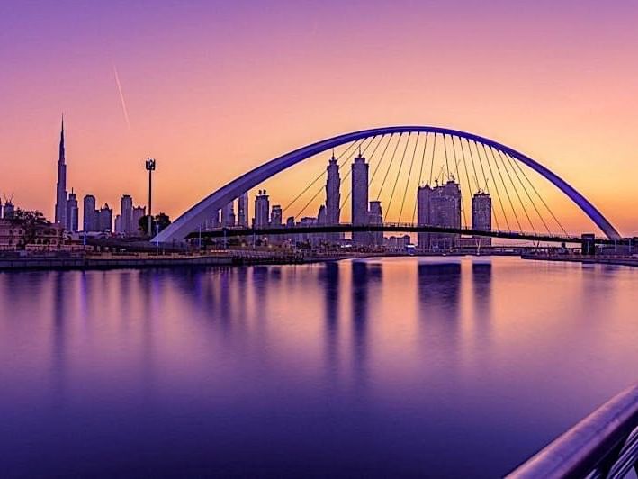 Wide view of Dubai Water Canal near Two Seasons Hotel & Apt