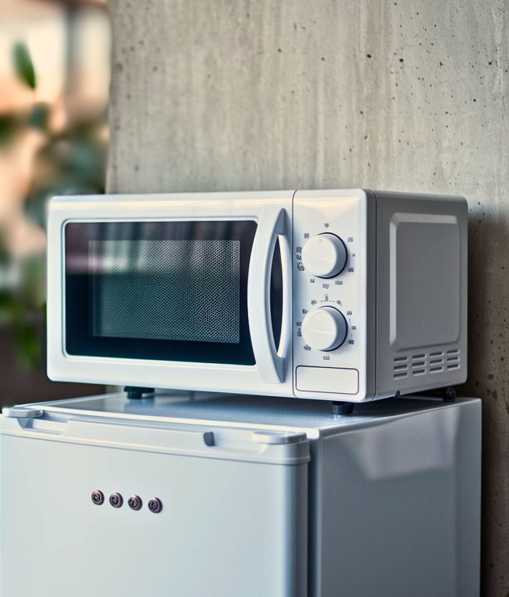 Microwave sits atop a white refrigerator, against a textured concrete wall at Avaneo Hotel