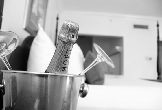 A bottle of champagne in a bucket with two glasses at Courtleigh Hotel and Suites