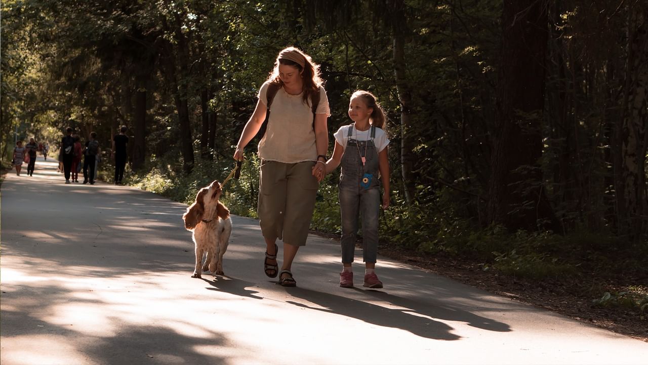 A woman and a young girl walking a dog on a sunny day.