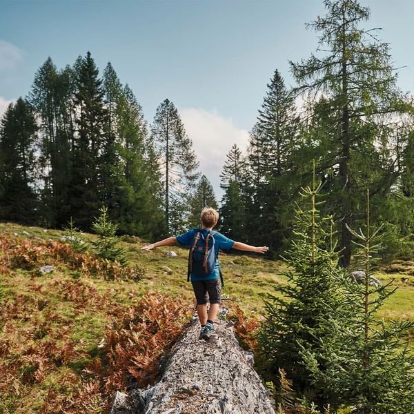 Bambino con zaino in una foresta su un tronco a braccia aperte di Falkensteiner Group
