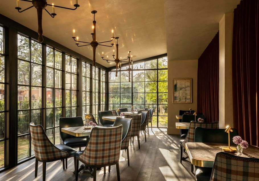 Elegant interior of The Primrose Room at Granduca Houston with plaid chairs and scenic views of lush greenery outside