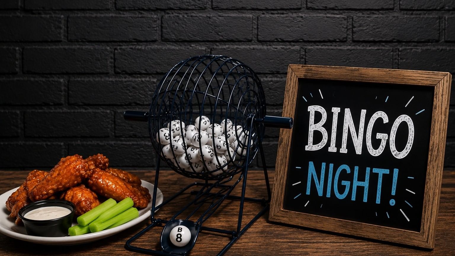 Bingo cage with numbered balls, framed sign, and plate of chicken wings with celery and dipping sauce on wooden table.