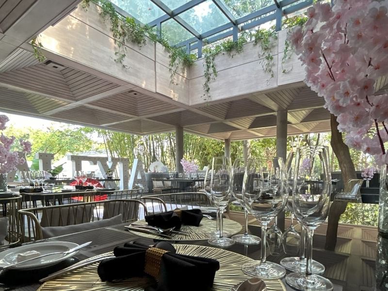 Elegantly set table with floral decor and glassware in Salón y Foyer Kioto at Grand Fiesta Americana Sumiya Cuernavaca.