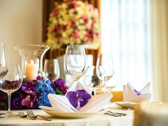 Close-up of table deco in banquet hall at Chatrium Residence