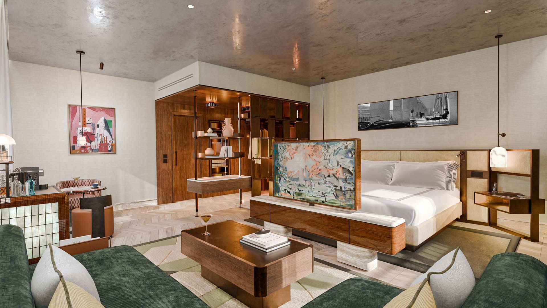 Luxurious suite with chic decor, cozy seating, and a bed behind a stylish divider at Thompson Rome by Hyatt, AG Hotels