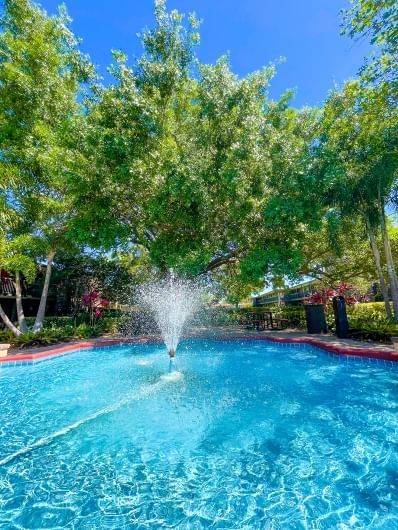 A large, bright blue fountain surrounded by leafy green trees. Celebrate Valentine's Day on a budget at Rosen Inn International.