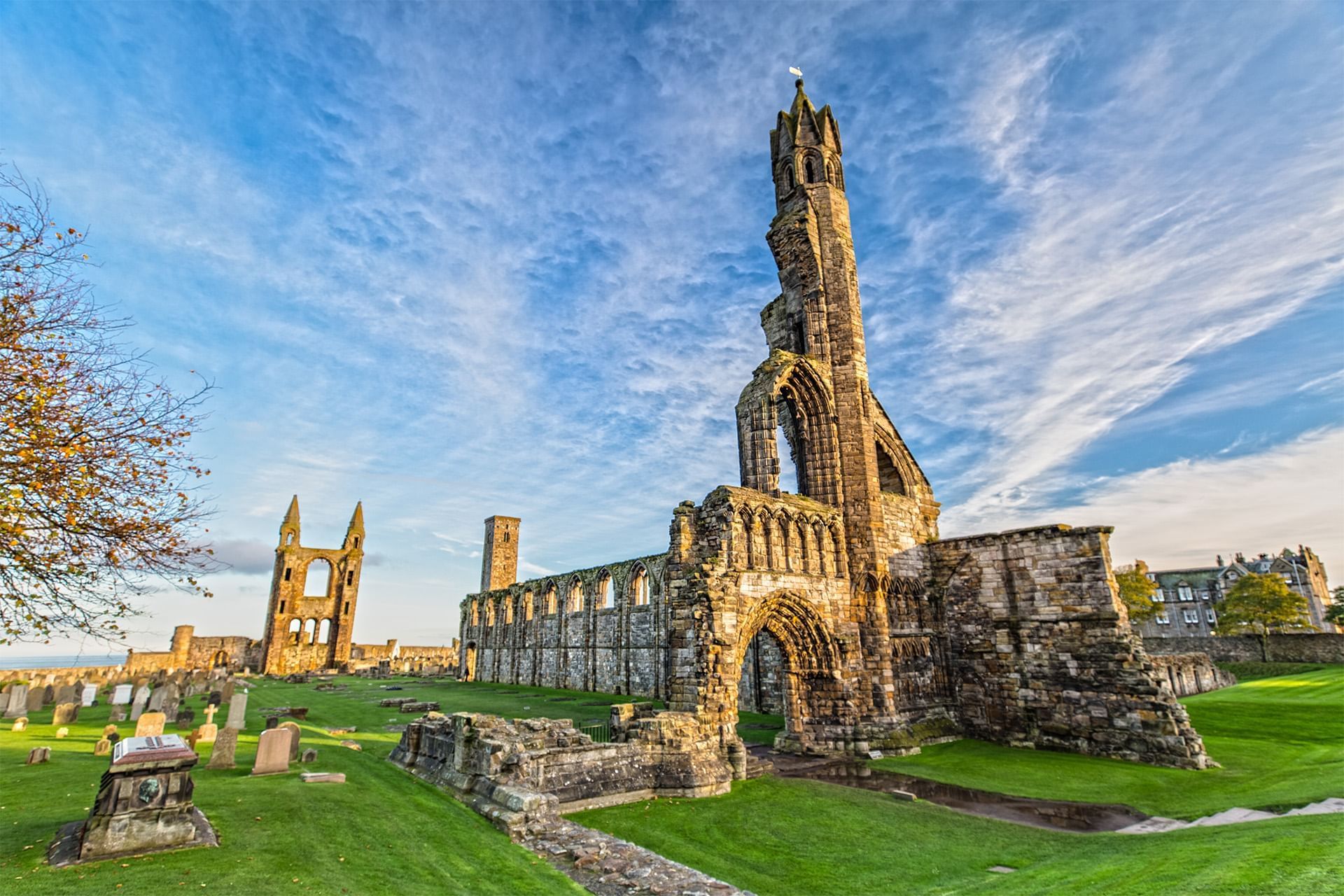 St Andrews Cathedral with ruins and a cemetery near Seaton House