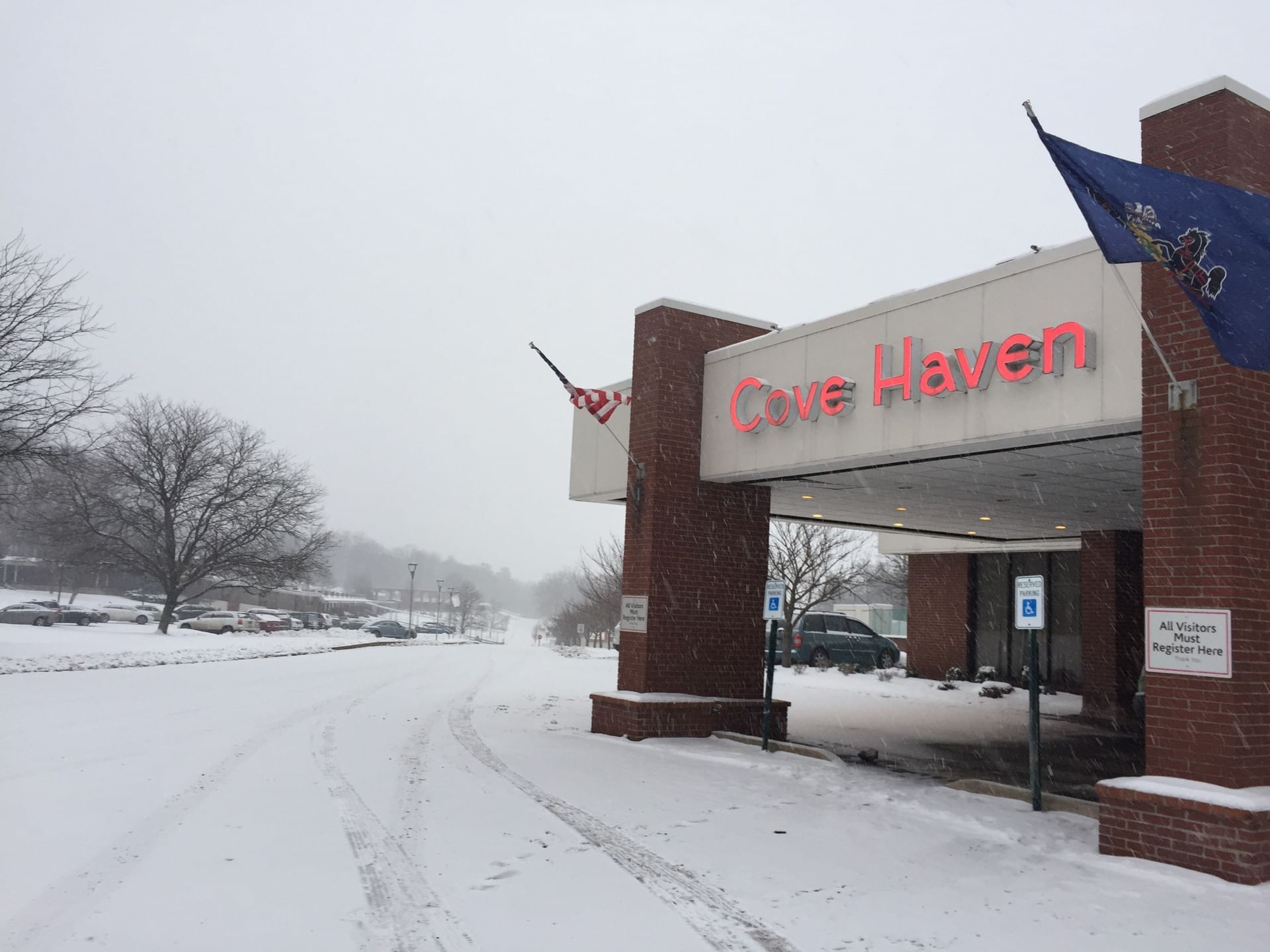 Entrance of Cove Haven Resort in winter