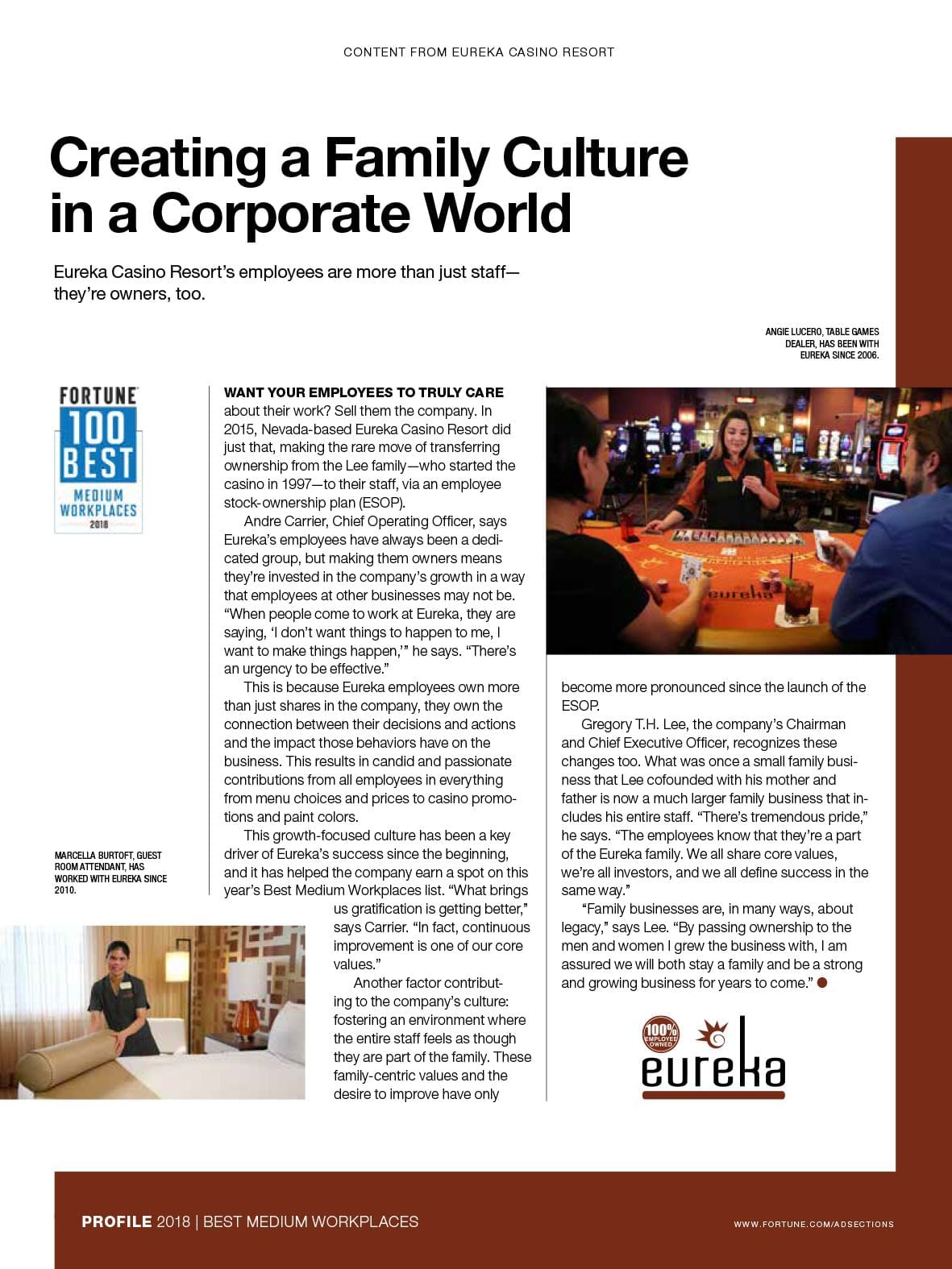 Fortune Magazine profile feature highlighting employee ownership and corporate culture at Eureka Casino Resort