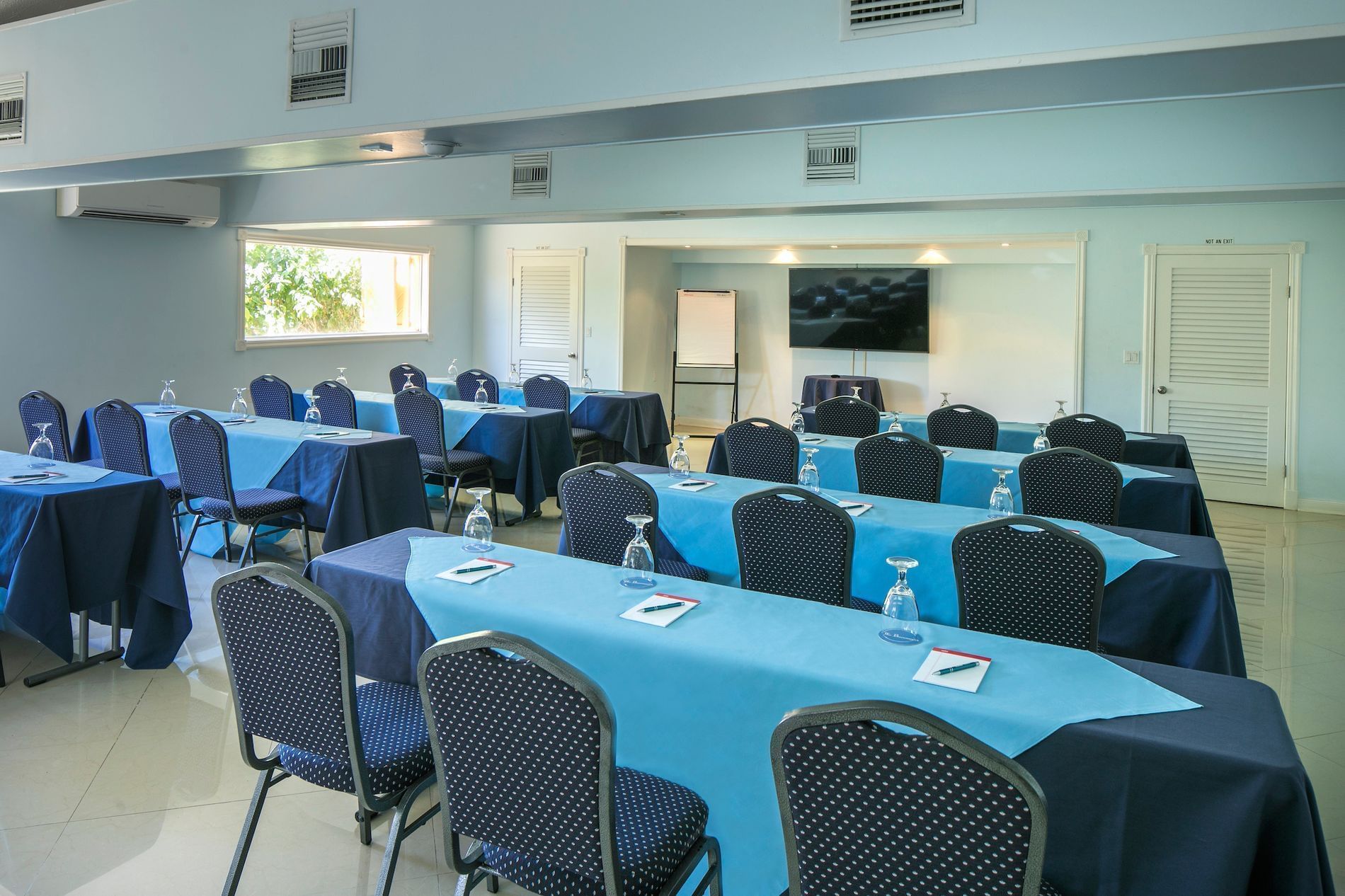 Classroom table set-up in Beach Meeting Room at The Buccaneer Resort St. Croix
