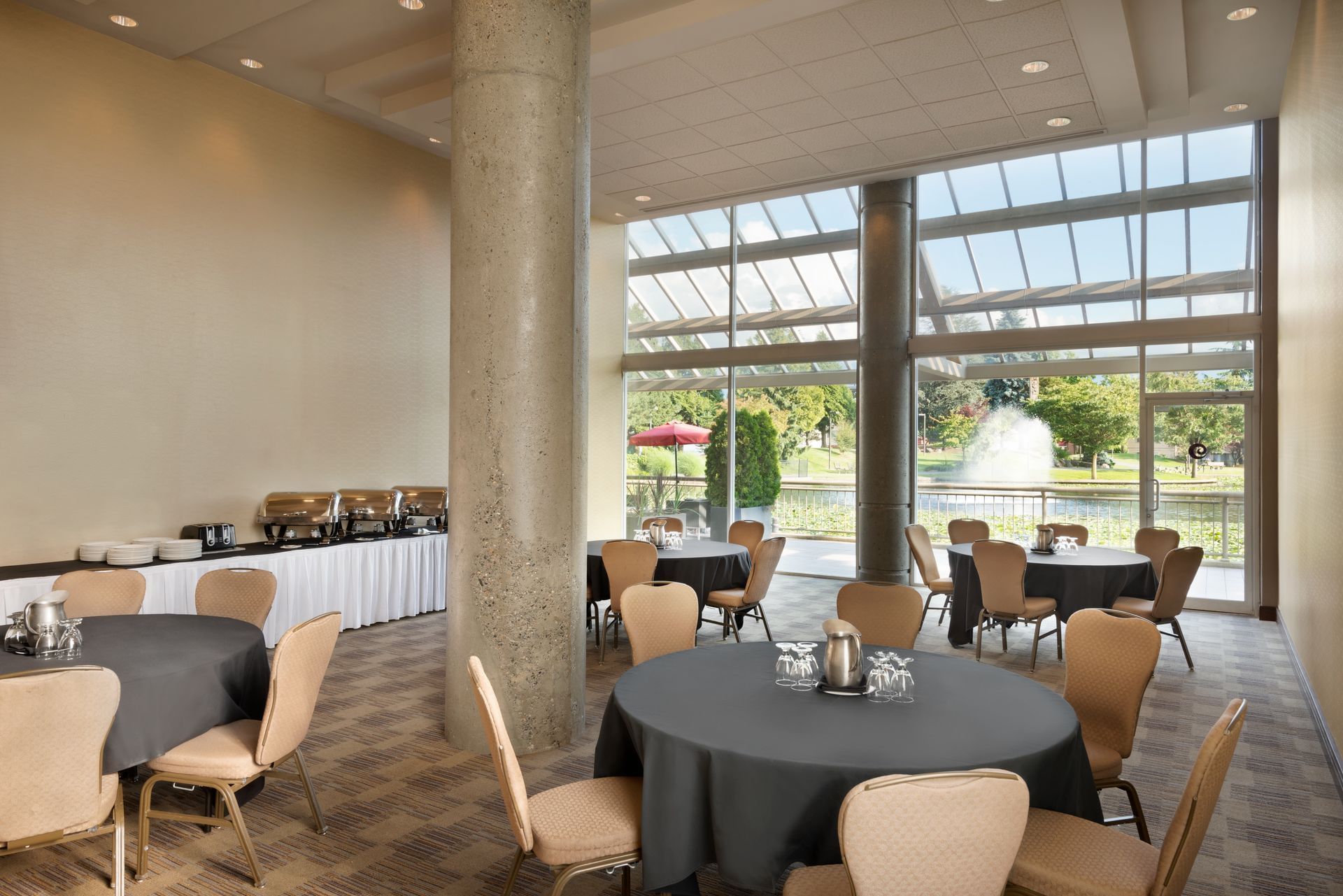 Tables set up for event with view of lake