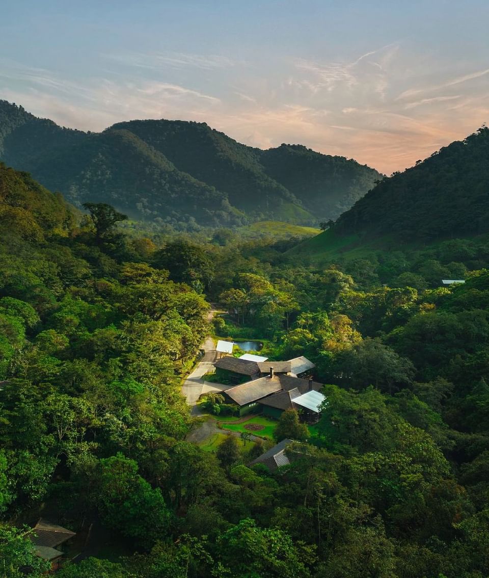 Aerial view of El Silencio Lodge & Spa surrounded by lush greenery