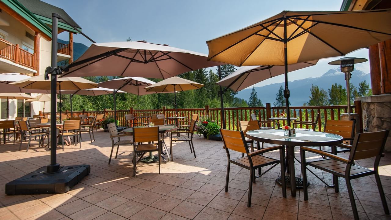 Hotel restaurant patio with a view of the mountains