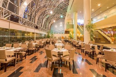 The elegant interior of Delphos Bistro's dining area with warm lighting under a curved ceiling at Hotel Los Delfines & Casino