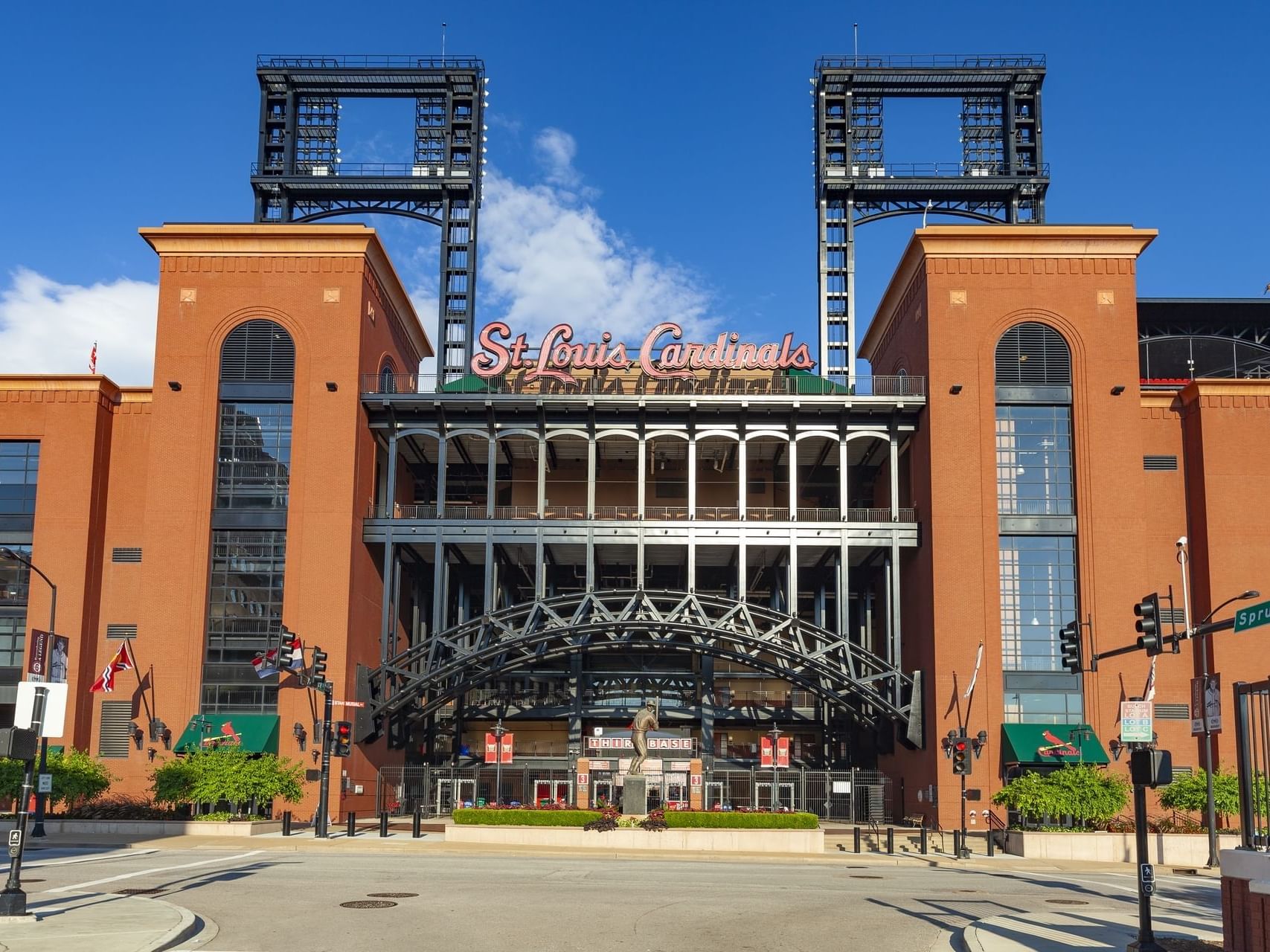 Low-angle view of Busch Stadium exterior near St. Louis Airport Hotel