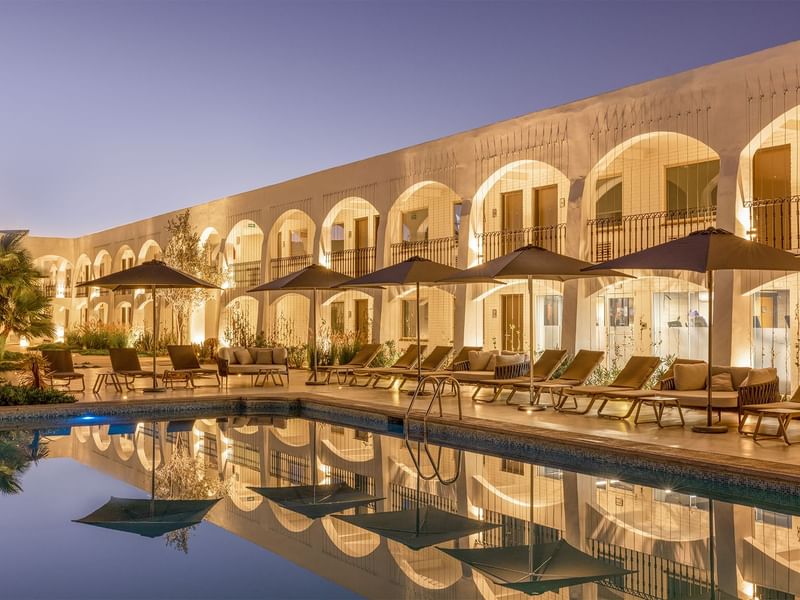 Sunbeds by the pool at night, Fiesta Americana Travelty