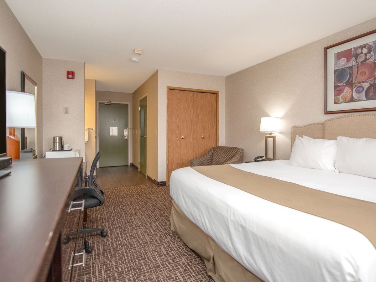 A hotel room with a bed, desk, chair, TV, and artwork on the wall.