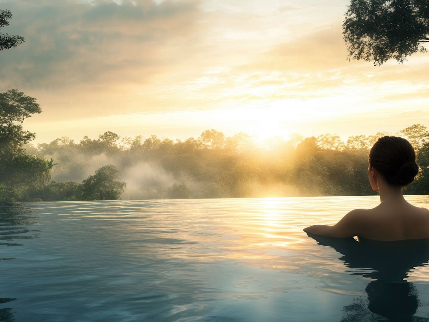 Dama disfrutando de un amanecer con niebla desde una piscina infinita con vista al bosque, en el Central Hotel Bocas del Toro