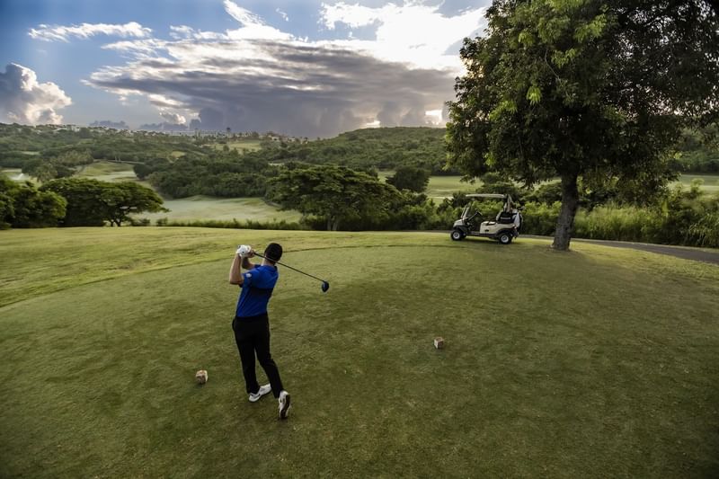 Golfer taking a swing on a scenic green course next to a golf cart parked under a large tree at El Conquistador Resort