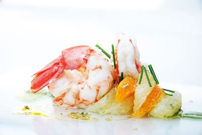 Shrimp dish served in V Piano Attico Gourmet Restaurant at Grand Visconti Palace