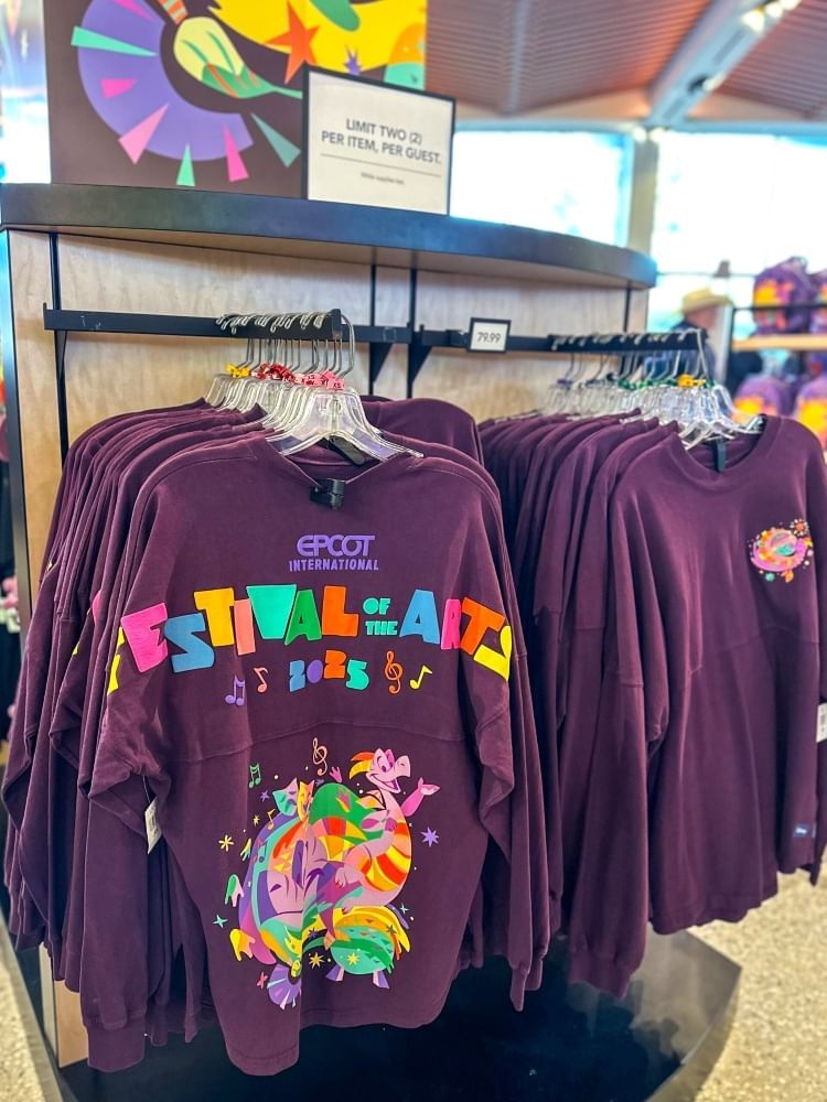 A display of hanging purple spirit jerseys with a colorful Festival of the Arts 2025 print. 