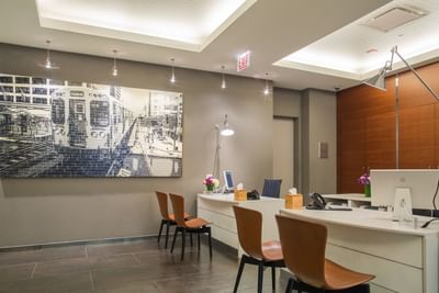 Close-up of check-in desks in the lobby at Kinzie Hotel