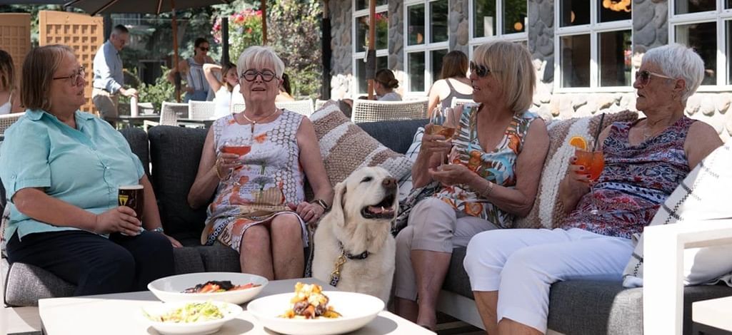 Group of seniors with drinks and dog on patio