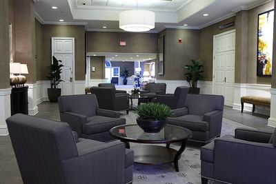 Cozy seating in the public area at Ethan Allen Hotel