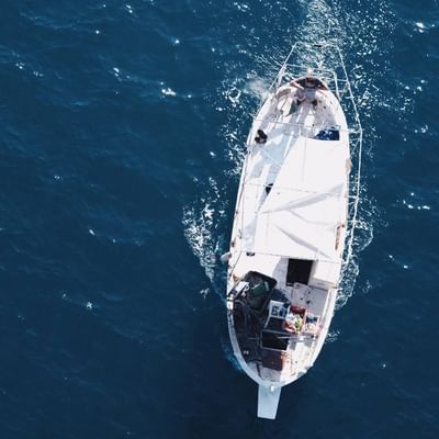 Aerial view of a cruise on the sea near Falkensteiner Hotels