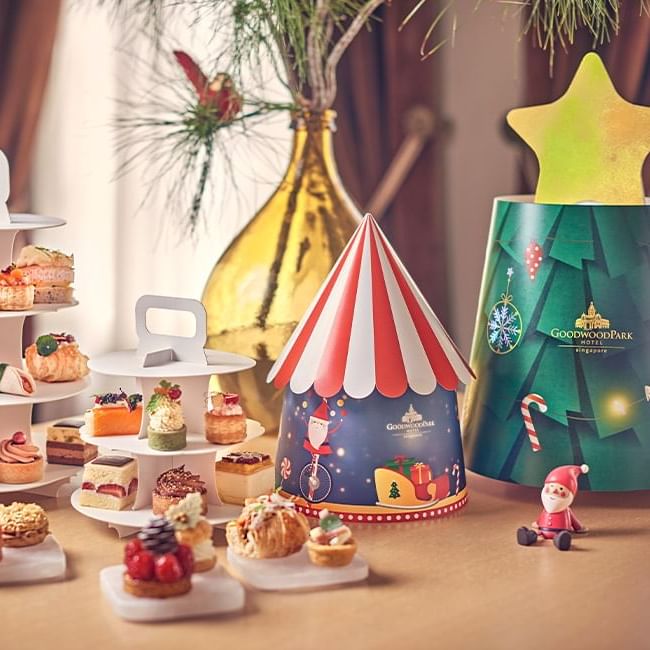 Christmas themed dessert display served at Goodwood Park Hotel