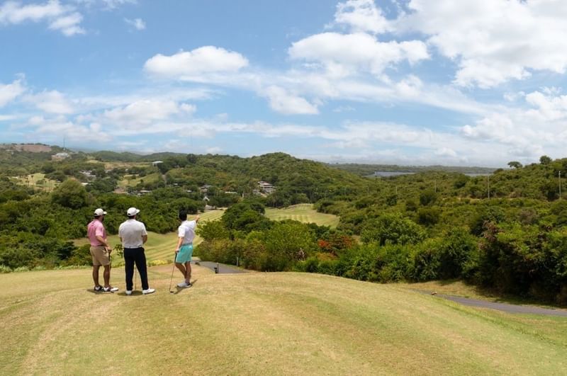 Three golfers overlooking lush green landscapes from a hill on the golf course at El Conquistador Resort