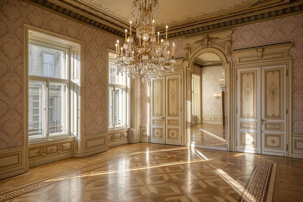 Heritage Rooms with a crystal chandelier, intricate wall patterns, and polished wooden flooring at Almanac X Alcron Prague