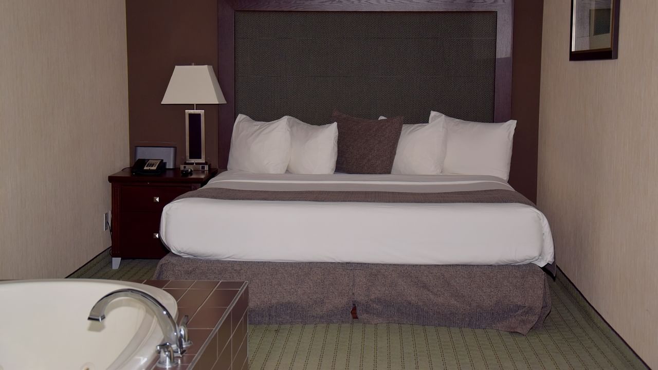 Hotel room with a tub, a large bed, a lamp, and a picture on the wall.