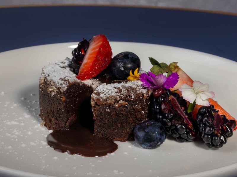 Close-up of a house-made chocolate dessert at The Press in The Diplomat Resort