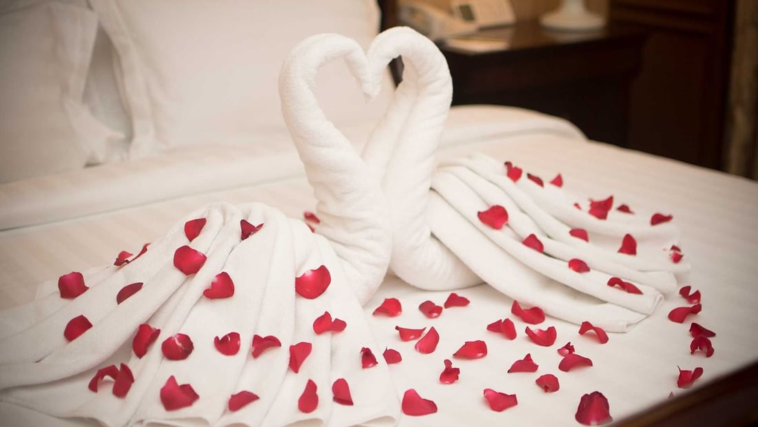 Close-up of towel swans arranged on a bed with rose petals at Sunway Hotel Phnom Penh