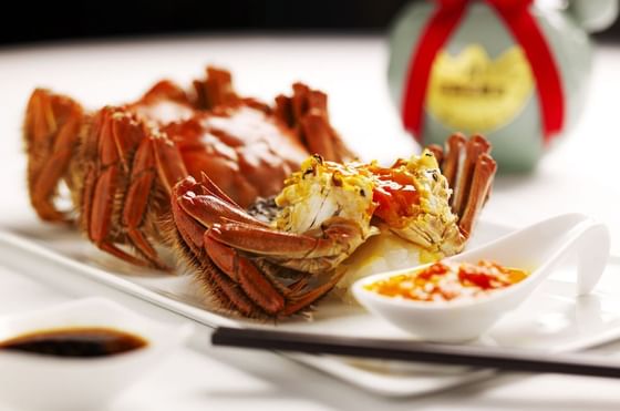 Closeup of a Crab dish served at Goodwood Park Hotel