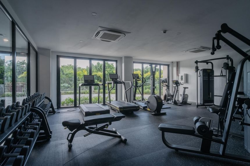 Exercise equipment's with large windows in gym at The Hub Acunmeyda