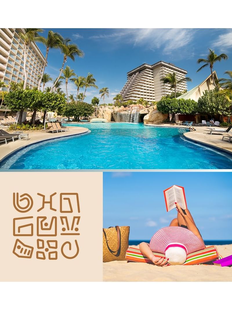 Girl reading book with hotel exterior, pool at Mundo Imperial