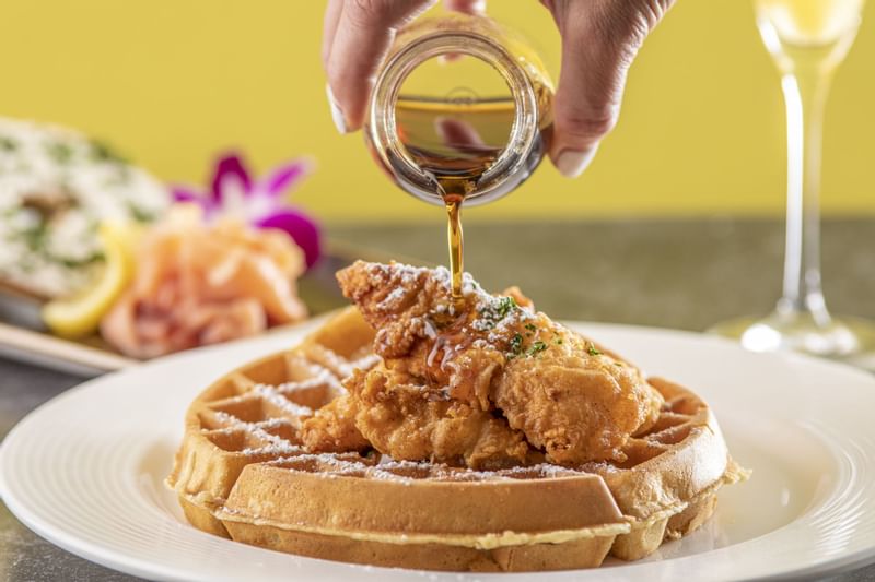 chicken and waffles at peabody brunch