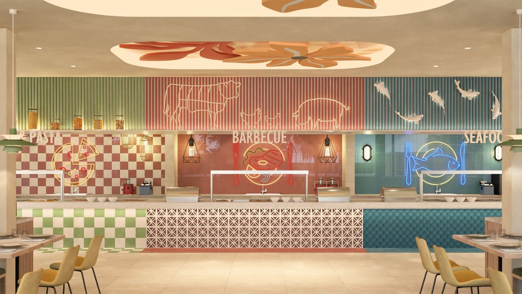 Estación de buffet vibrante estilo barbacoa en Fiesta Americana Funeeq con letreros de neón y diseño moderno