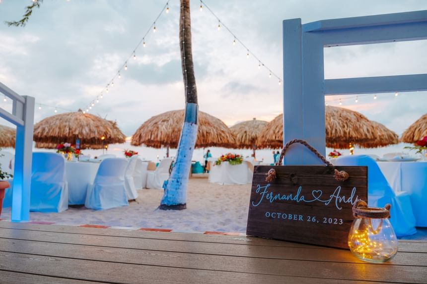 Beachside dining area arranged for an event at Passions on the Beach