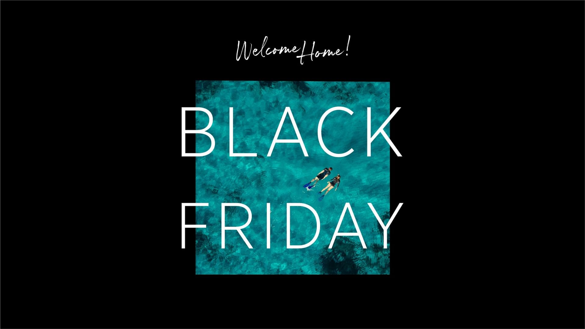 Willkommensnachricht mit Schwarzer Freitag-Banner und zwei Tauchern im Wasser.