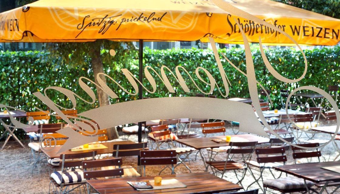 Outside dining area view from inside Flemings Munchen Schwabing