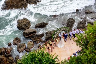 Aerial view of a wedding ceremony at Cala de Mar