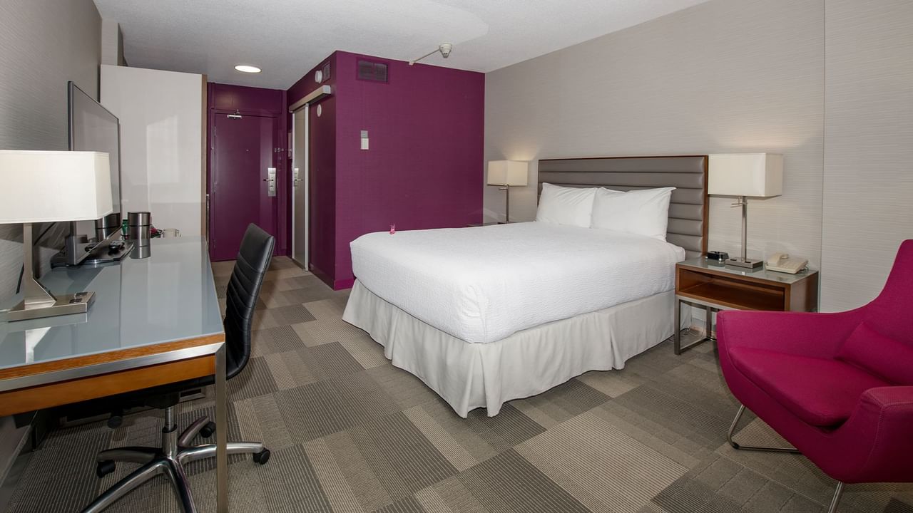 A hotel room with a bed, TV, arm chair, and purple accent wall.
