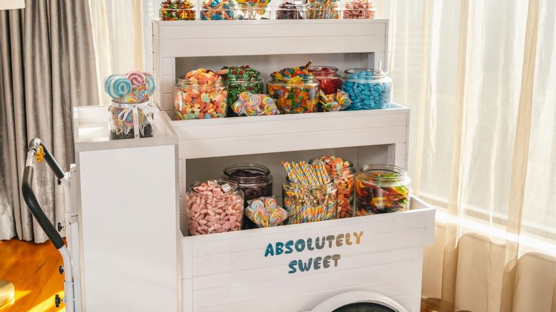 Close-up of candy cart in a lounge area at Pullman Sydney Hyde Park