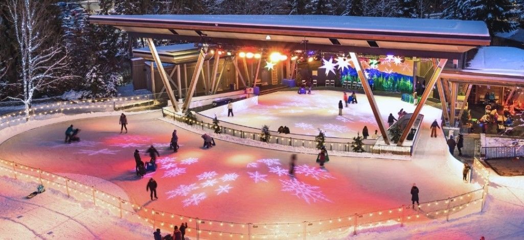 January in Whistler outdoor ice skating at Olympic Plaza with winter lights