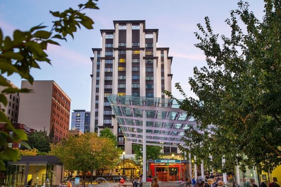 Low-angle exterior view of the hotel at Paramount Hotel Portland